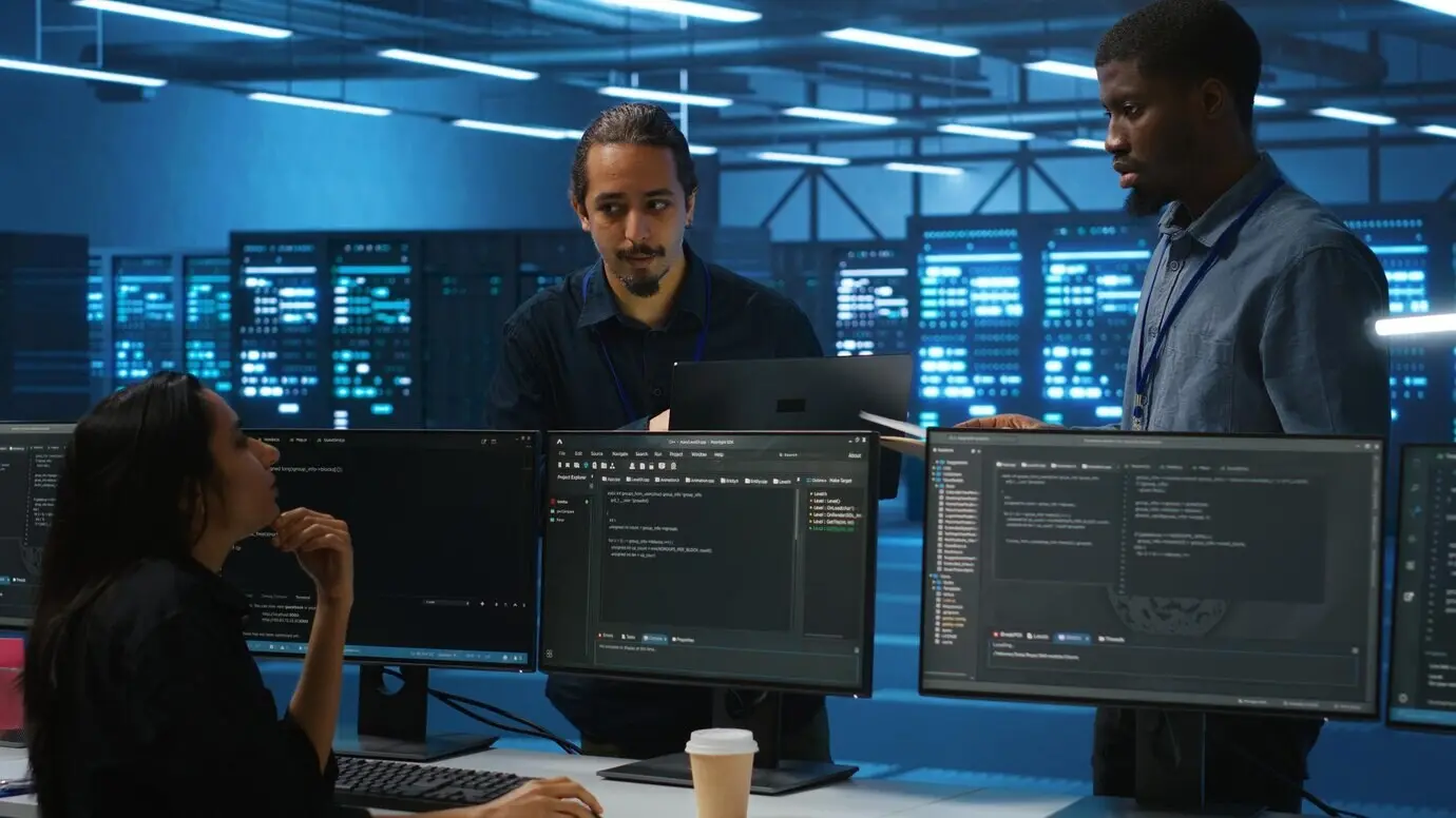 Руководитель выполняет проверку на рабочем месте в дата-центре, сверяя файлы отчетов.